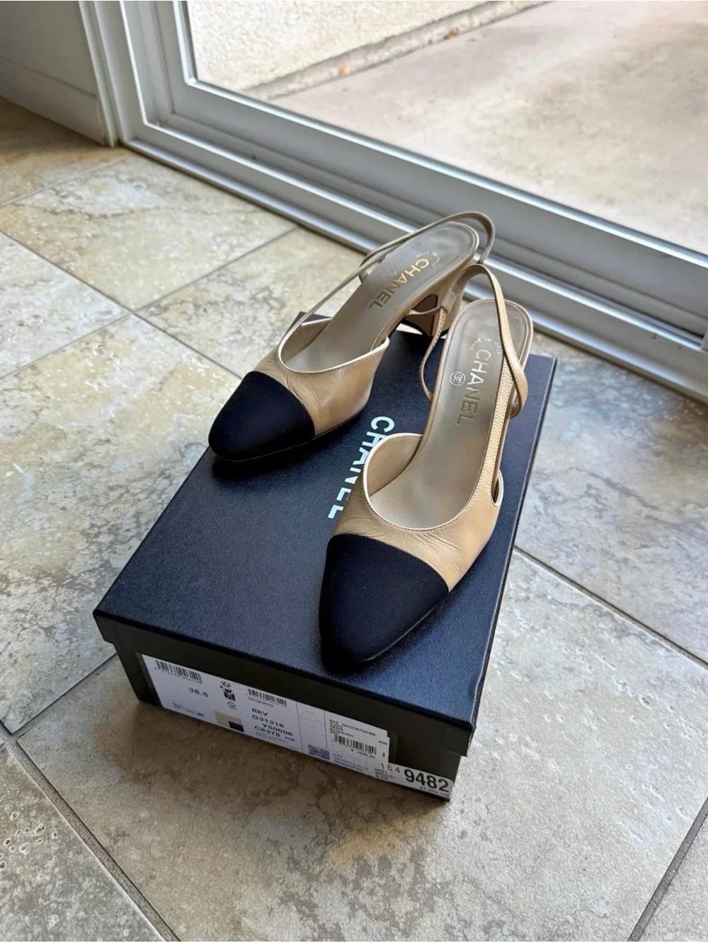 CHANEL Beige and Black Two-Tone Slingback Pumps
